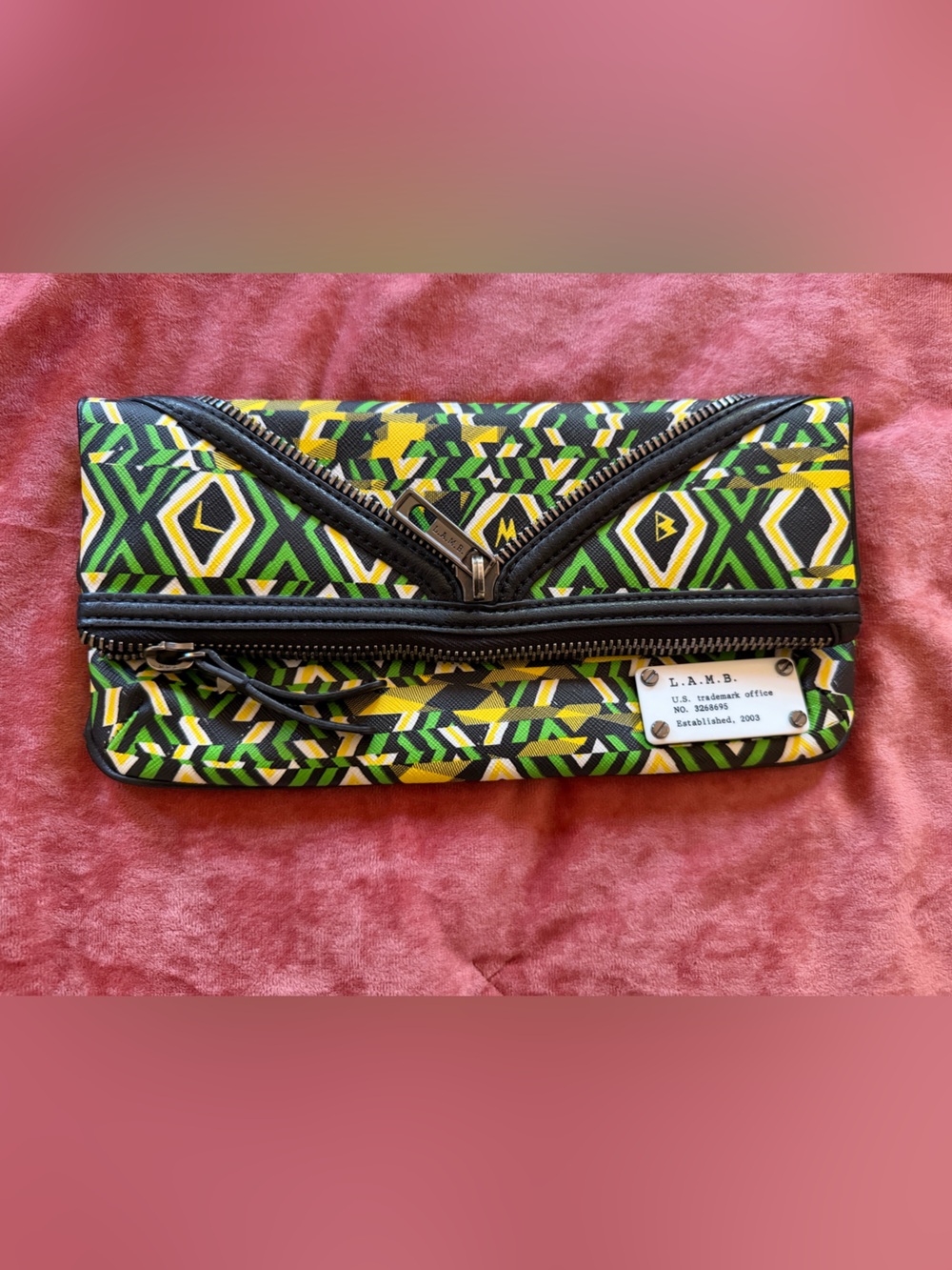 L.A.M.B. by Gwen Stefani Geometric Print Zip Clutch - Green, Yellow & Black